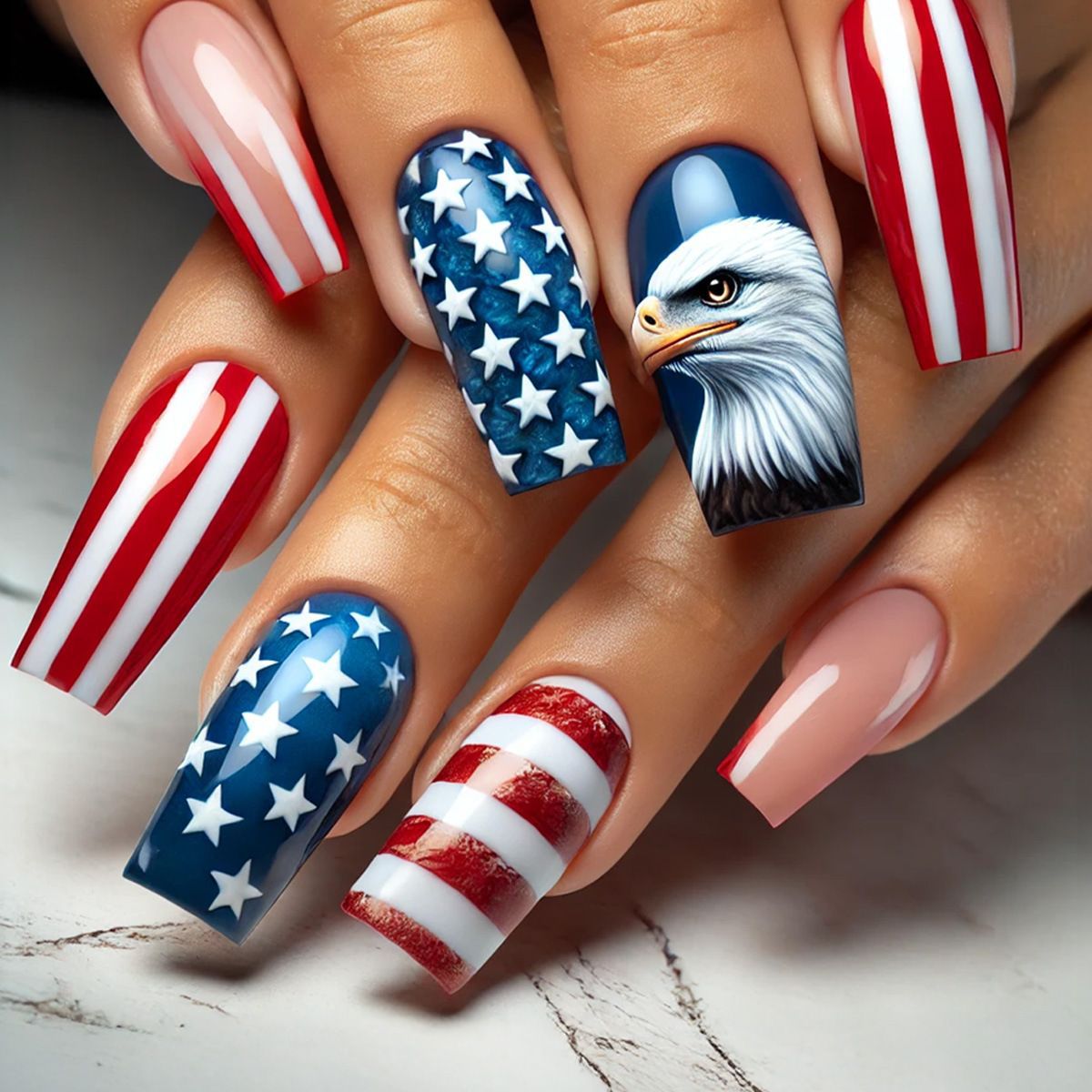 Patriotic Splendor Long Square Red and Blue with Star and Eagle Design Press on Nail Set