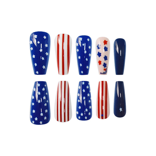 Stars and Stripes Long Coffin Blue Red and White with Star Pattern Press on Nail Set