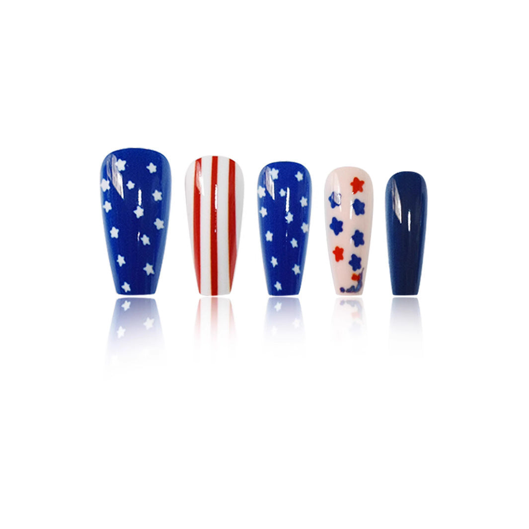 Patriotic Glamour Long Coffin Blue Red and White Star Design Press On Nail Set