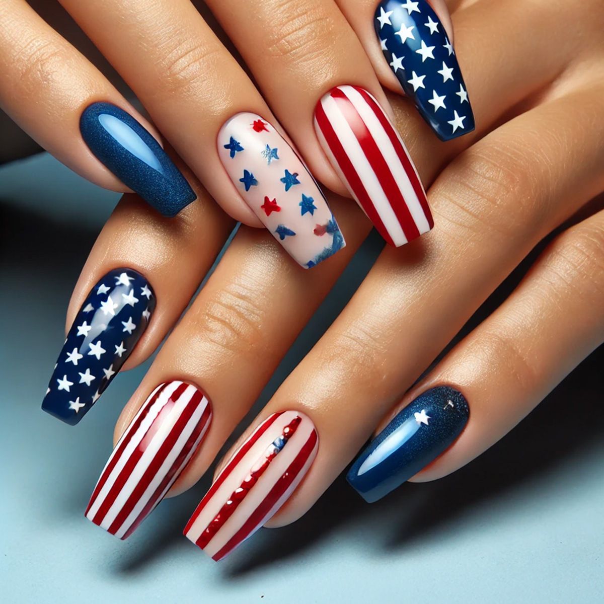 Patriotic Elegance Long Coffin Red and Blue Nail Set with Star and Stripe Design