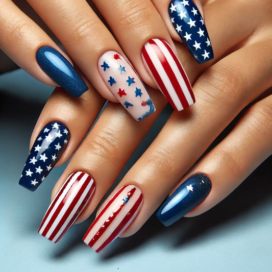 Patriotic Elegance Long Coffin Red and Blue Nail Set with Star and Stripe Design