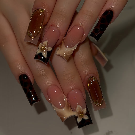 Elegant Floral Dream Long Square Brown and Black Press on Nail Set with Artistic Design