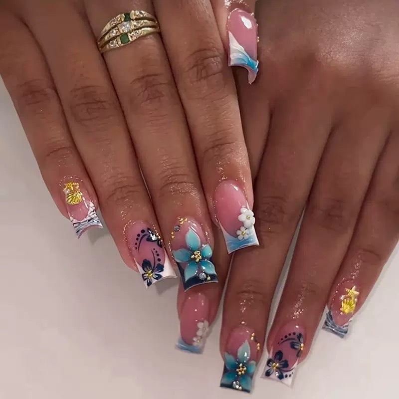Tropical Bliss Medium Square Blue Floral Press On Nail Set with Sparkling Gem Accents