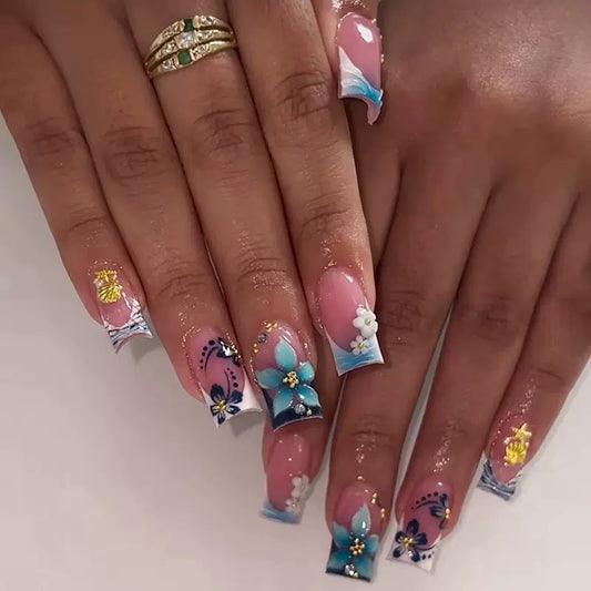 Tropical Bliss Medium Square Blue Floral Press On Nail Set with Sparkling Gem Accents