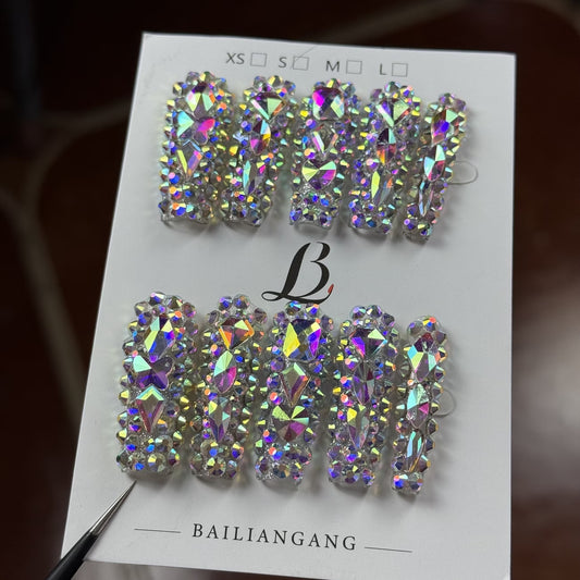 Glamorous Rainbow Long Square Shaped Iridescent Press On Nail Set with Sparkling Jewel Accents