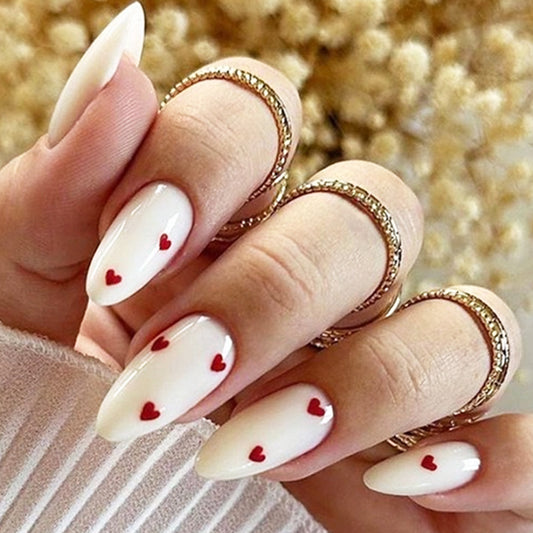 Romantic Elegance Medium Almond White Nails with Charming Red Hearts