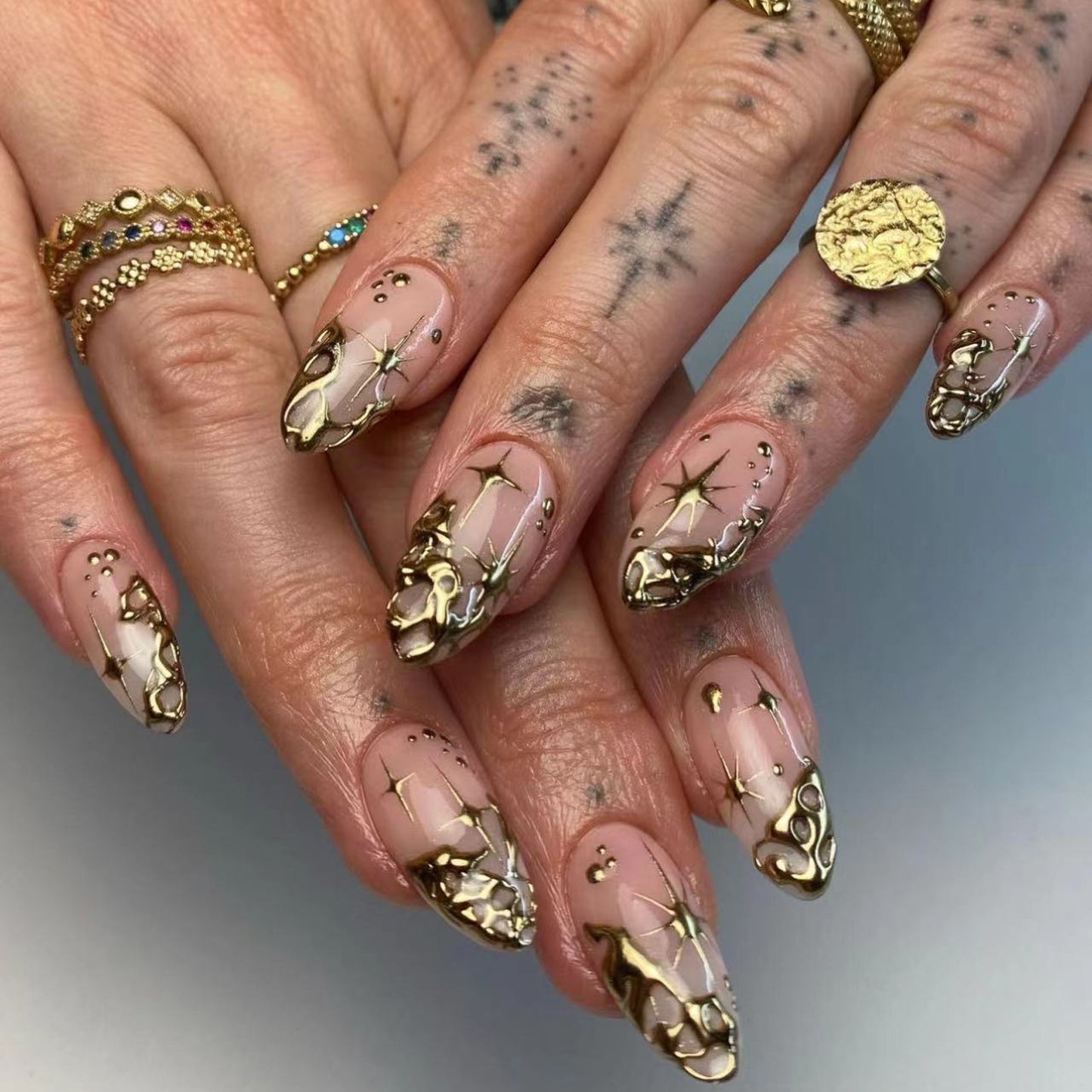 Enchanted Elegance Medium Almond Beige Press On Nail Set with Gold Chain Accents