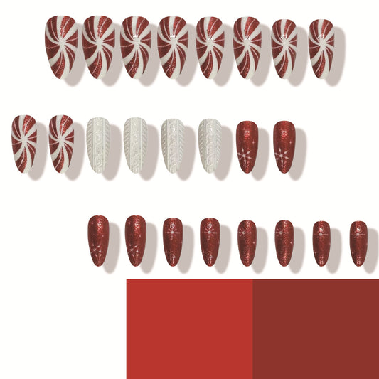 Festive Glamour Medium Almond Red Glitter Ombre with Spiraled Design and Textured Patterns Nail Set