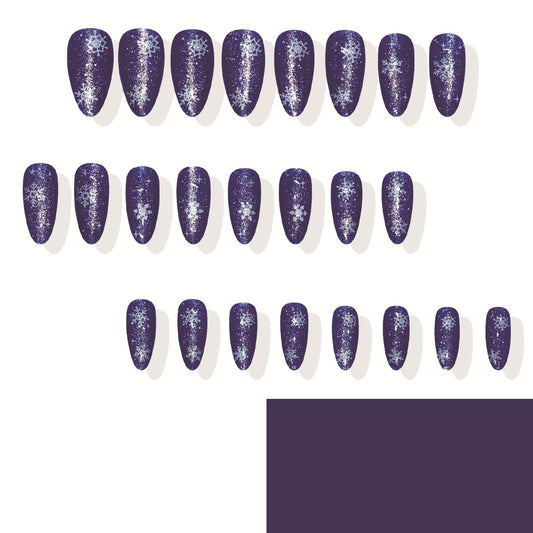 Winter Wonderland Elegant Medium Almond Shaped Deep Purple Press On Nail Set with Sparkling Snowflake Accents
