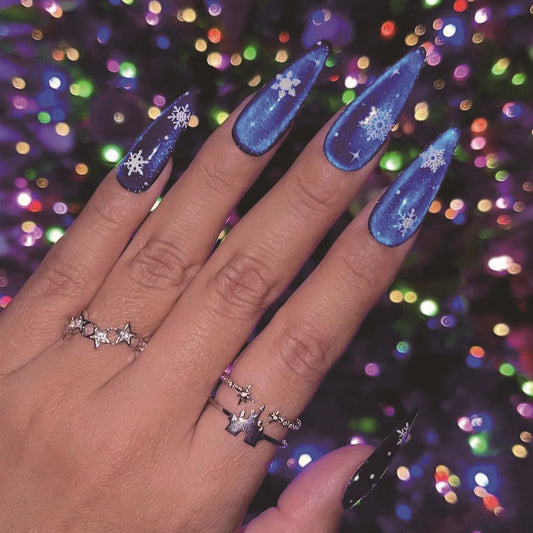 Winter Wonderland Sharp Medium Almond Blue Snowflake Press On Nail Set