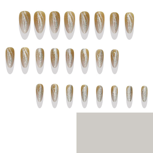 Glamorous Oasis Long Almond Shaped Golden Beige Press On Nail Set with Stunning Silver Sparkle Design