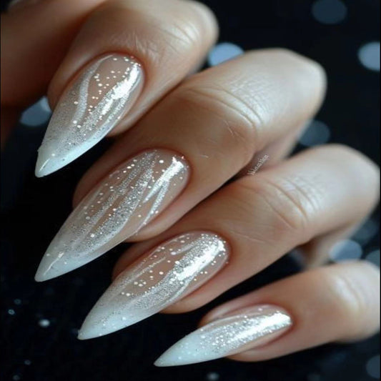 Enchanting Elegance Long Almond Ombre White with Dazzling Glitter Finish Press On Nail Set