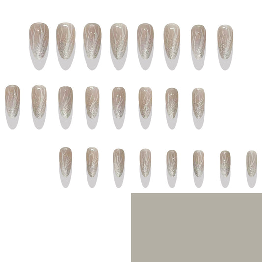 Whimsical Elegance Long Almond Taupe Press On Nails with Sparkling Leaf Design