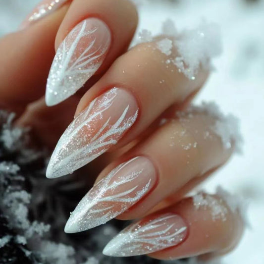 Winter Wonderland Glossy White Long Stiletto Press-On Nails with Shimmering Frosty Design