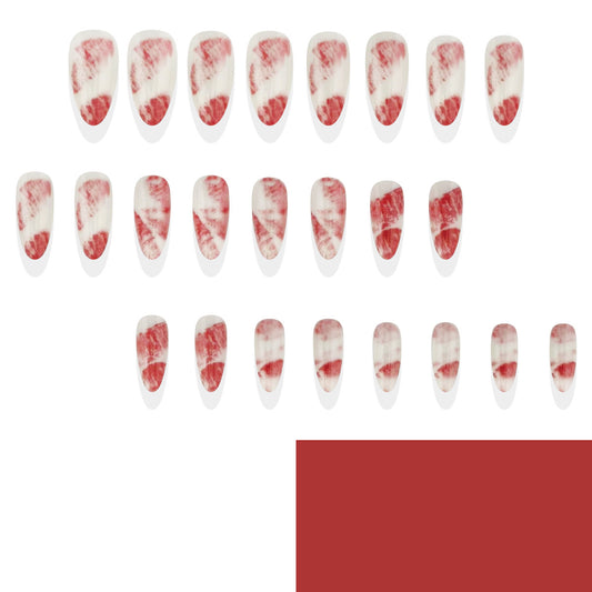 Elegant Blossom Press on Nail Set Short Almond Shape White and Red Marble Design for Effortless Glamour