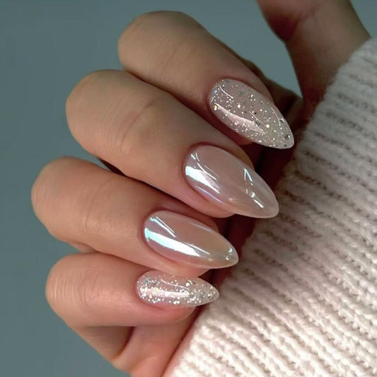 Chic Elegance Medium Almond Glossy Pink Iridescent Finish with Sparkling Accents Press On Nail Set