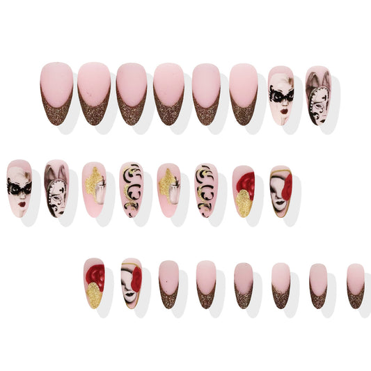 Mystical Elegance Medium Almond Pink and Gold Glitter with Artistic Designs Press-On Nail Set