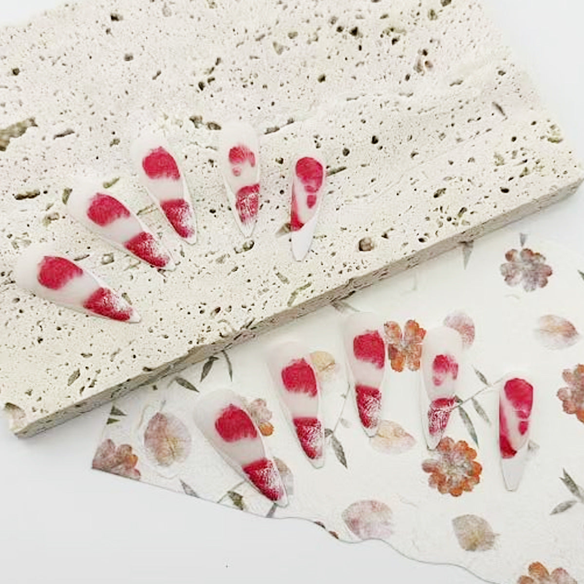 Blossom Beauty Long Almond White and Red Floral Design Press-on Nail Set