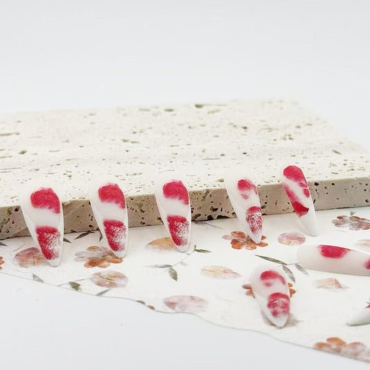 Romantic Blossom Inspired Long Almond White and Red Ombre Press-On Nail Set with Unique Artistic Patterns