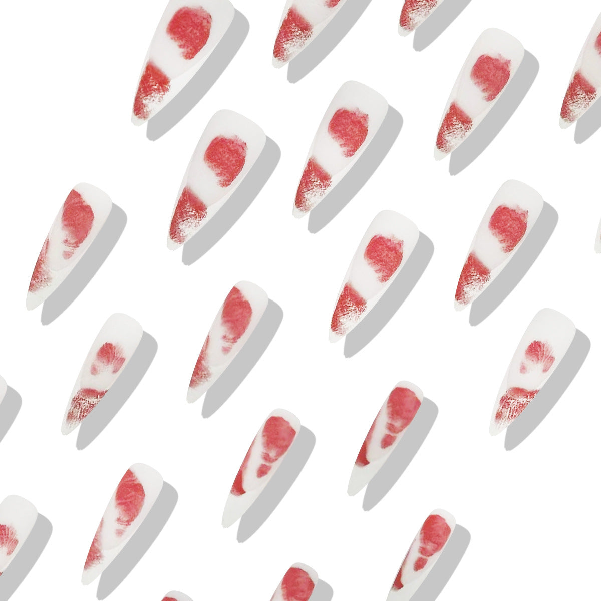 Charming Floral Dream Long Almond Red and White Press-On Nail Set with Elegant Heart Design