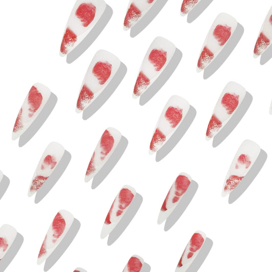 Charming Floral Dream Long Almond Red and White Press-On Nail Set with Elegant Heart Design