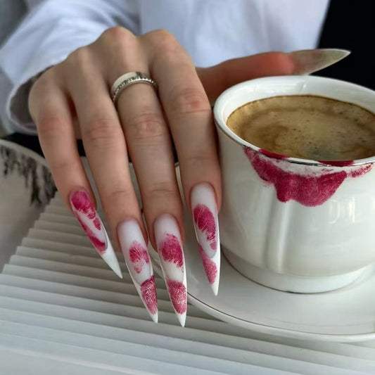 Romantic Blossoms Elegant Long Stiletto Almond Shaped White and Pink Kiss Print Press On Nail Set