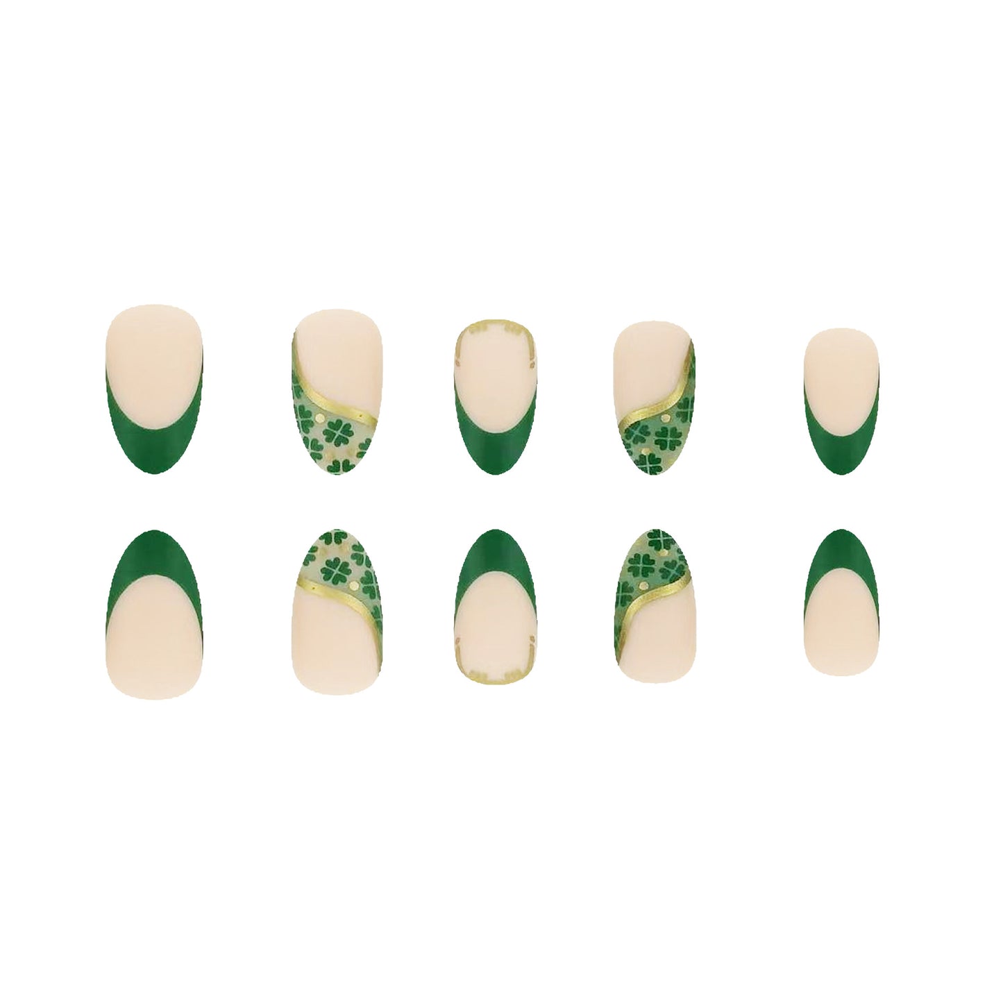 Lucky Charm Elegant Short Almond Green and Cream Press On Nails with Floral Artwork