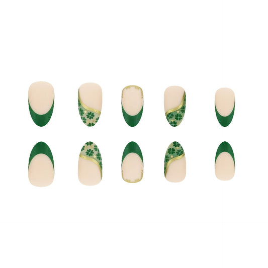 Lucky Charm Elegant Short Almond Green and Cream Press On Nails with Floral Artwork