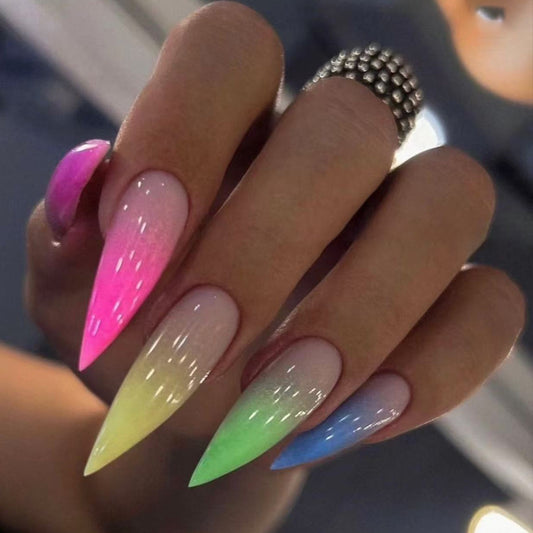 Rainbow Dream Ombre Press on Nail Set Long Stiletto Multicolor Gradient with Shimmer Finish