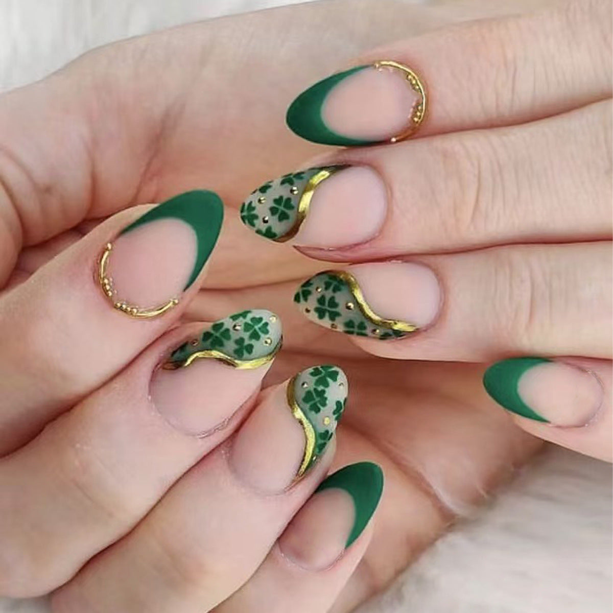Emerald Enchantment Short Almond Green Nails with Gold Accents and Intricate Floral Design