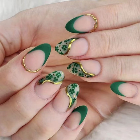 Emerald Enchantment Short Almond Green Nails with Gold Accents and Intricate Floral Design