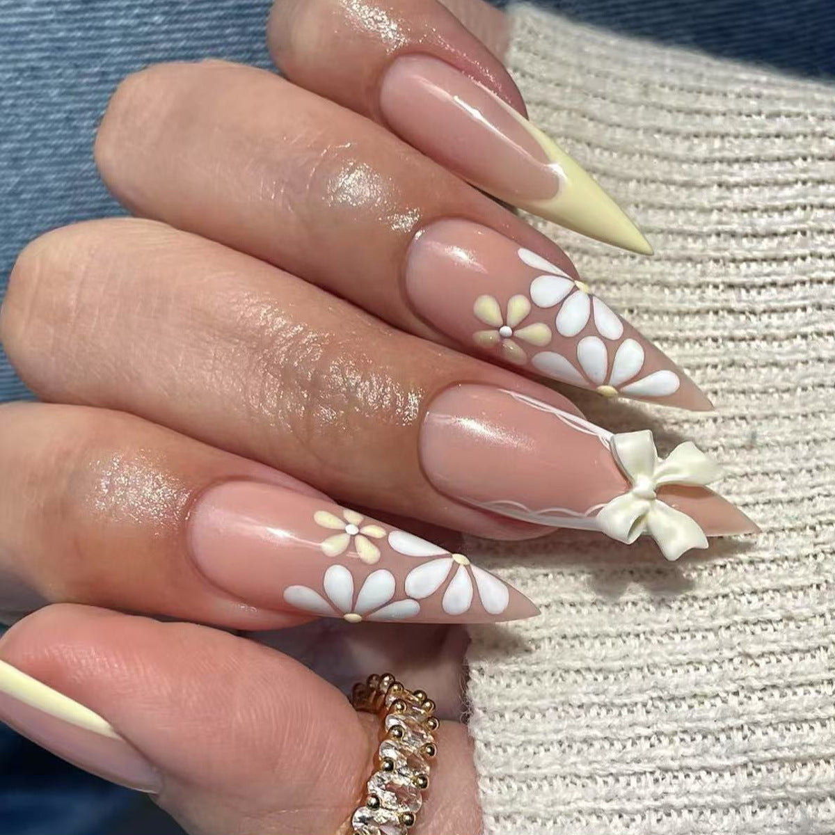Whimsical Garden Glimmering Long Almond Beige Press on Nail Set with Flower and Bow Accents