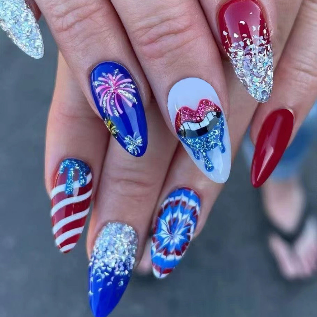 Celebration of Freedom Long Almond Red Blue and Silver Shimmer with Artistic Fireworks Design Press On Nail Set