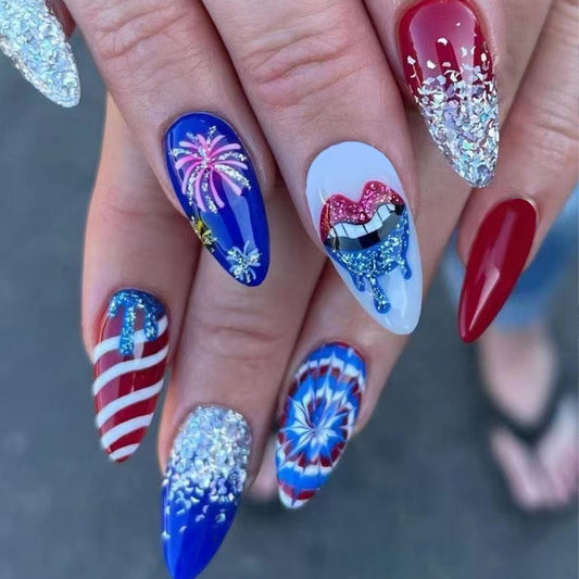 Celebration of Freedom Long Almond Red Blue and Silver Shimmer with Artistic Fireworks Design Press On Nail Set