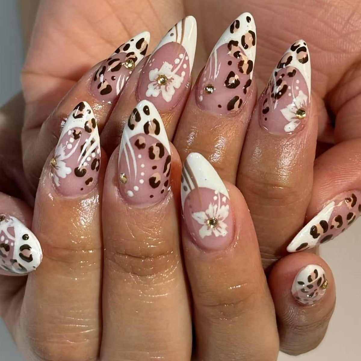 Wild Safari Chic Medium Almond Pink and White Leopard Print with Floral Accents Press On Nail Set