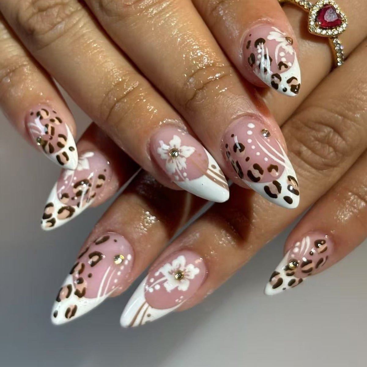 Wild Safari Elegance Medium AlmondPink and White with Leopard Print and Floral Accents Press On Nail Set