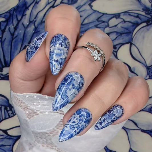 Celestial Garden Medium Almond Blue Floral Press on Nail Set with Intricate Pattern Design