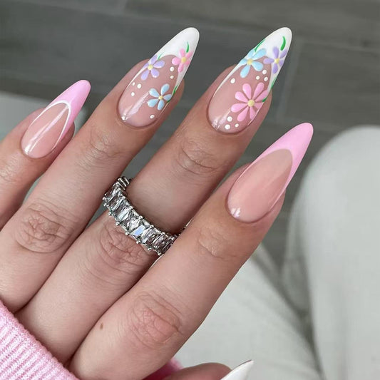 Floral Fantasy Medium Almond Shaped Pink and White Press On Nail Set with Colorful Flower Accents