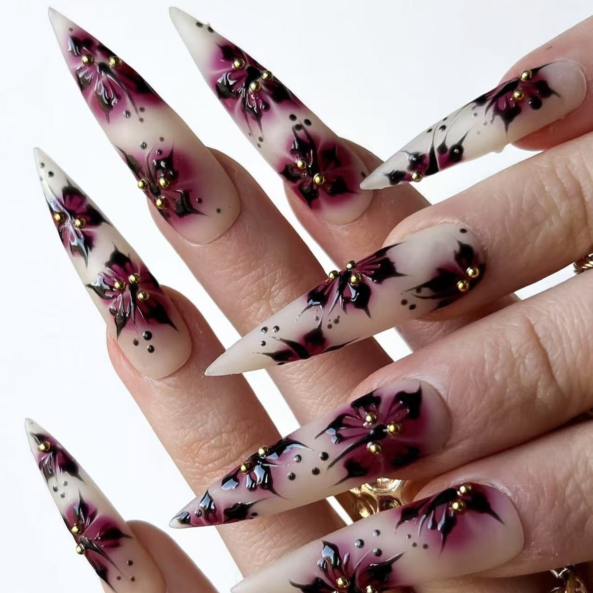 Enchanted Floral Elegance Long Stiletto Almond Ombre with Jewel Accents Press On Nail Set