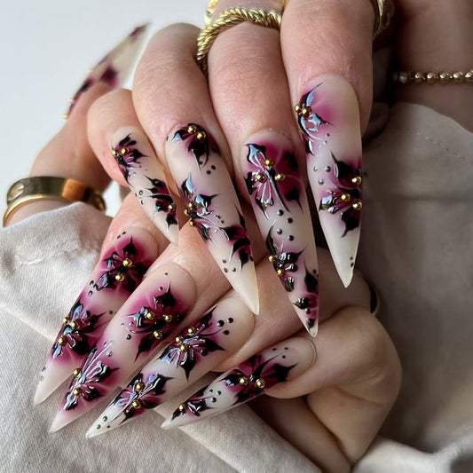 Enchanting Floral Elegance Long Stiletto Ombre Pink Nail Set with Dazzling Gold Accents