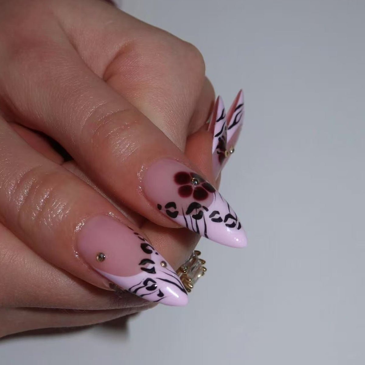 Blooming elegance Short Almond vibrant pink with floral accents and gem details press on nail set