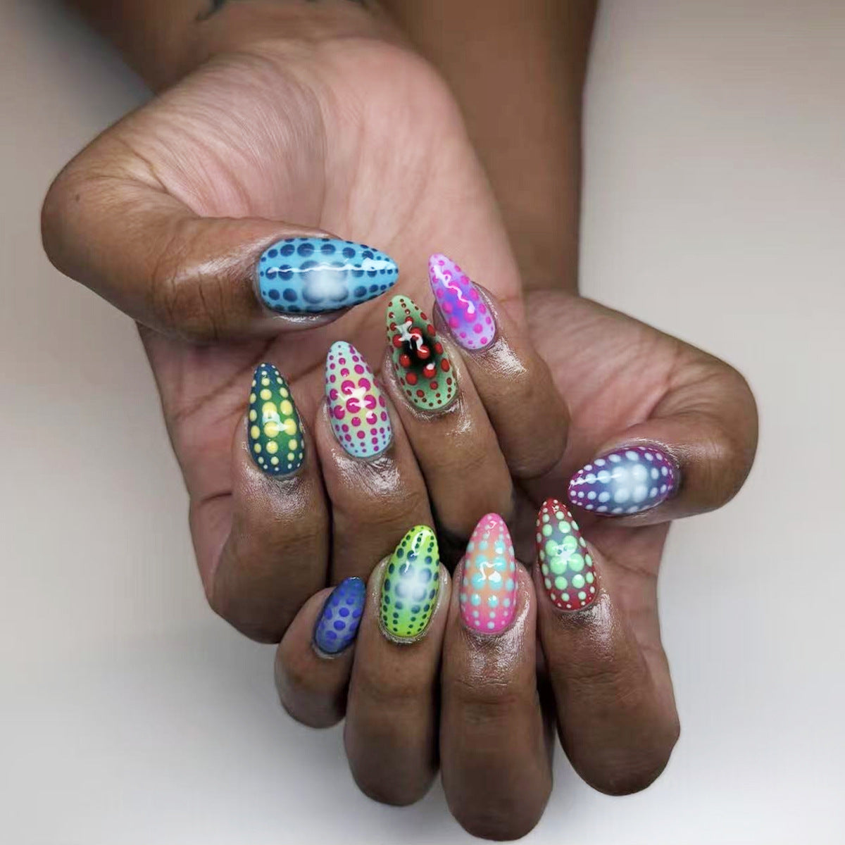 Whimsical Wonderland Medium Almond Multi-Colored Press-On Nail Set with Dotted Pattern Design