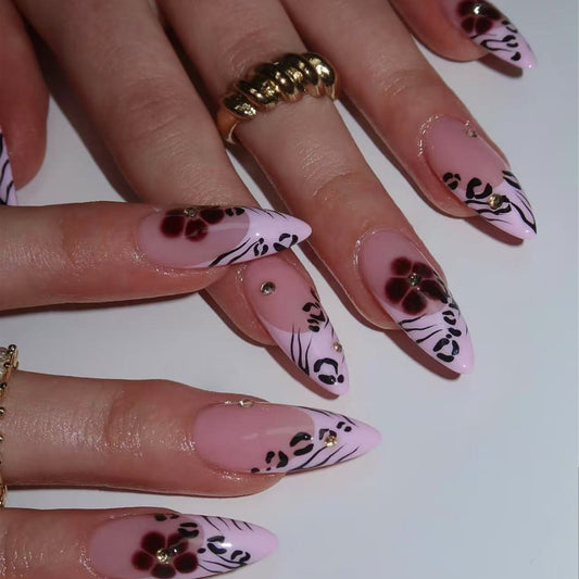 Glamorous Floral Fantasy Medium Almond Pink Press On Nail Set with Unique Embedded Gems