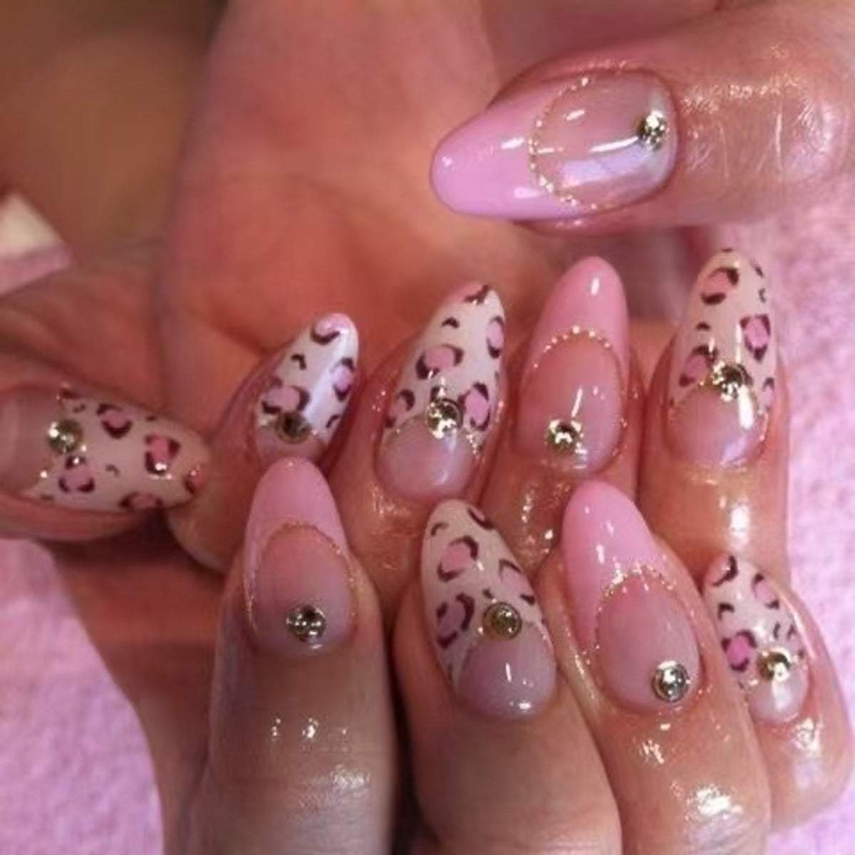 Wild Safari Glamour Medium Almond Pink with Leopard Print and Gold Accents Press On Nail Set