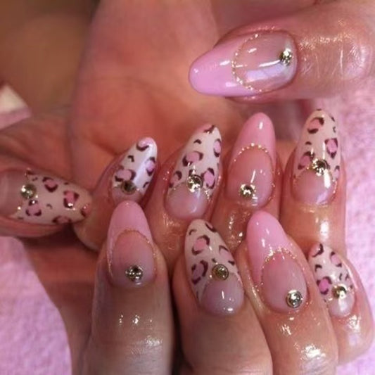 Wild Safari Glamour Medium Almond Pink with Leopard Print and Gold Accents Press On Nail Set