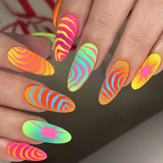 Bohemian Vibes Long Oval Neon Gradient Nail Set with Swirled Patterns