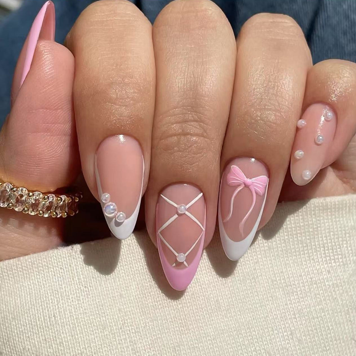 Chic Elegance Long Almond Pink and White with Charming Bow and Pearls Press-On Nail Set