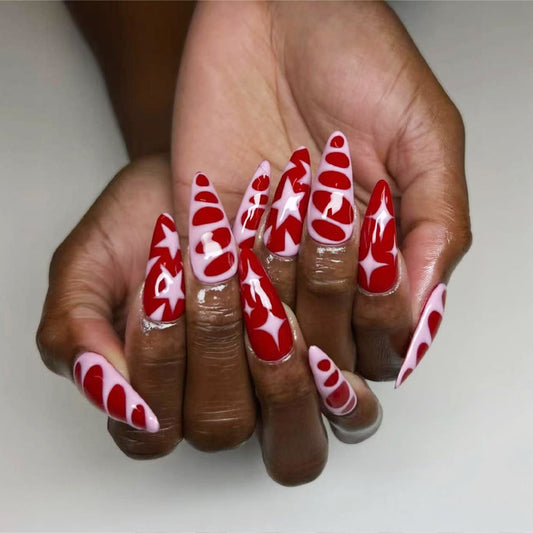 Festive Glamour Unique Long Almond Red and Pink Press On Nail Set with Bold Star and Heart Designs