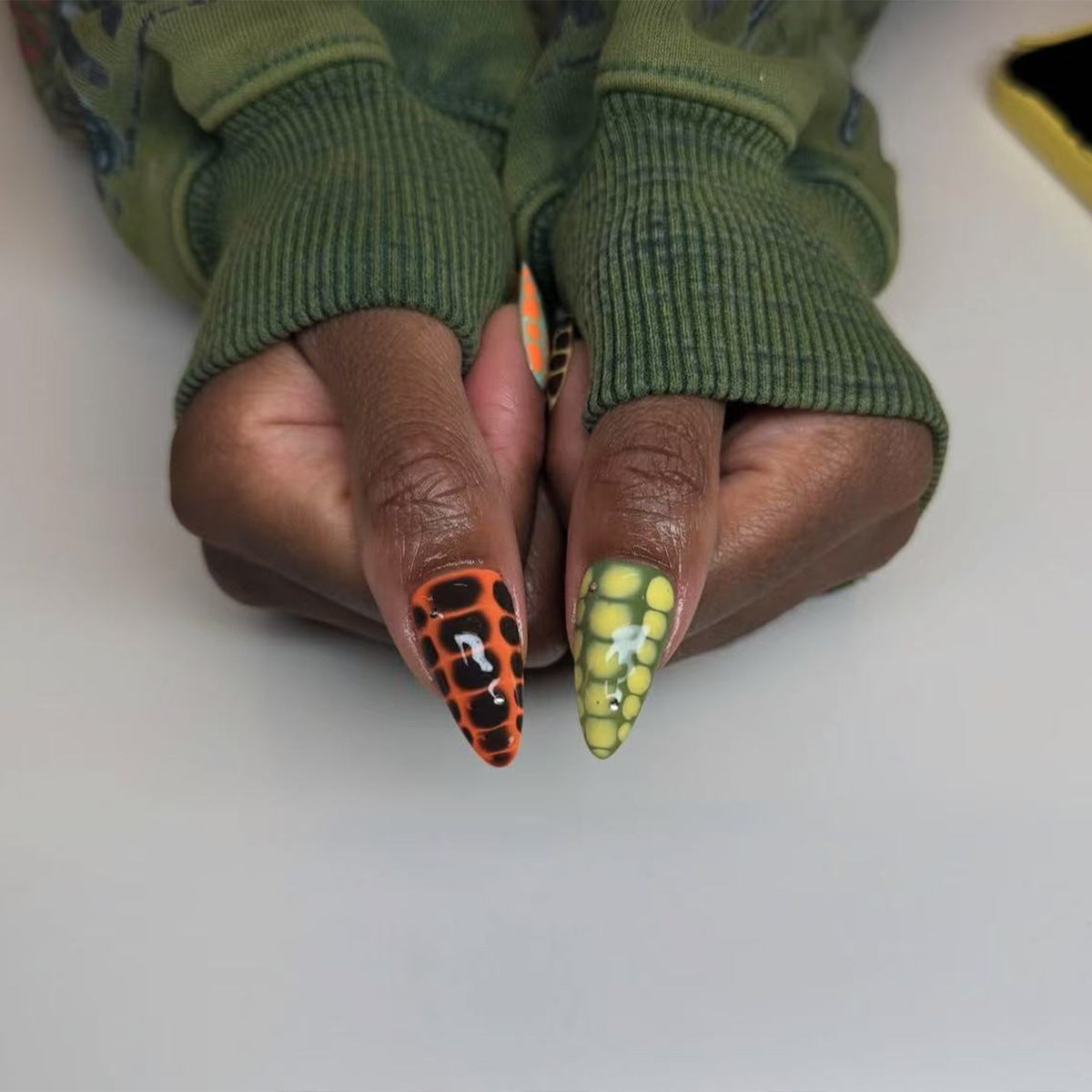 Wild Jungle Vibes Medium Stiletto Orange and Yellow Press-On Nail Set with Unique Animal Print Design