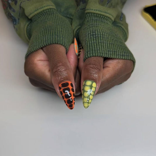 Wild Jungle Vibes Medium Stiletto Orange and Yellow Press-On Nail Set with Unique Animal Print Design
